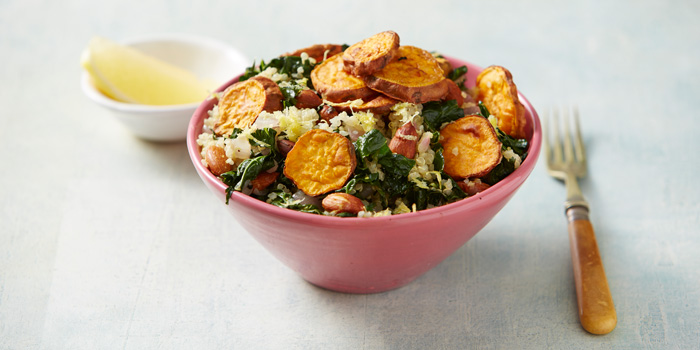 Ginger, Almond and Kale Quinoa with Sweet Potato Discs
