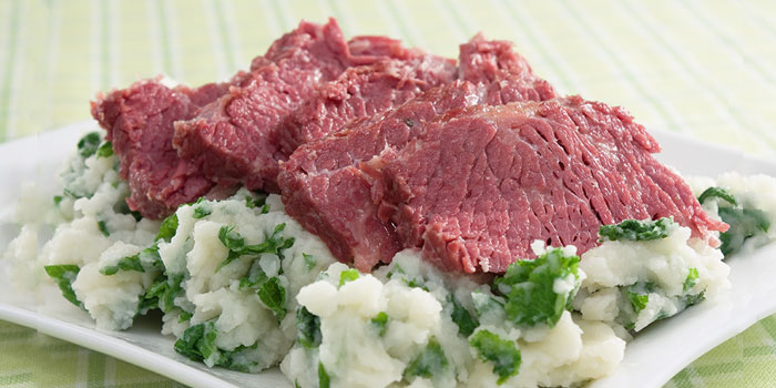 Corned Beef with Spring Vegetables and Cauliflower Mash
