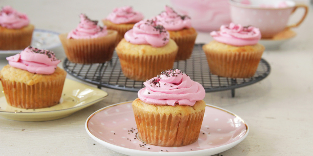 I Quit Sugar - Gluten-free Lemon + Yoghurt Cupcakes with Beet Icing and Chia Sprinkles.