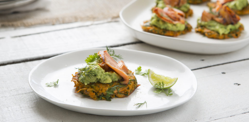 I Quit Sugar - Sweet potato fritters with smashed avocado and salmon